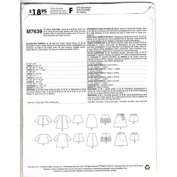 McCall's Crafts M7639 18 inch Doll Top, Shorts, Coat, Dress Uncut Sewing Pattern - Picture 2 of 2